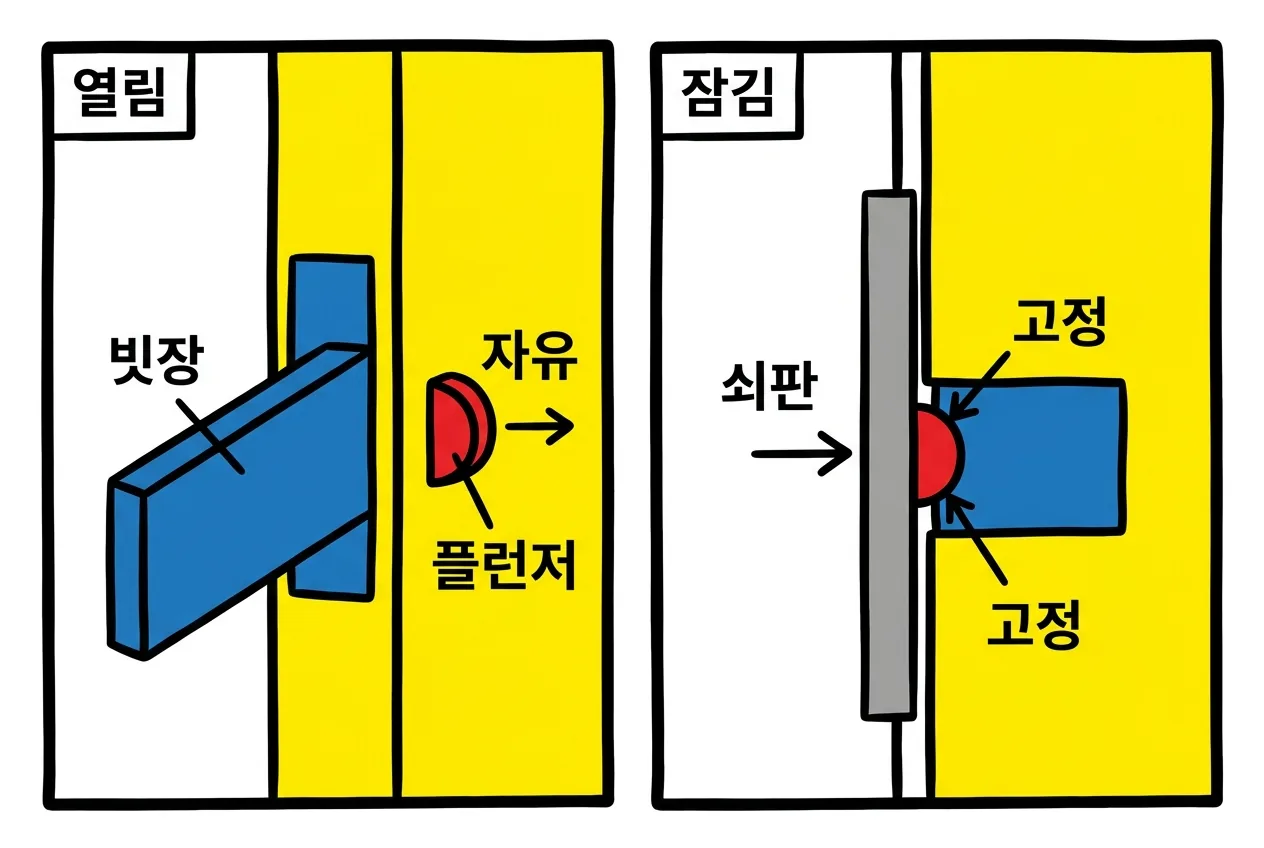 데드래치 원리 개념도로, 문이 닫히면 보조 플런저가 문틀 쇠판에 눌리고 그 플런저가 메인 래치볼트의 후퇴를 잠그는 과정