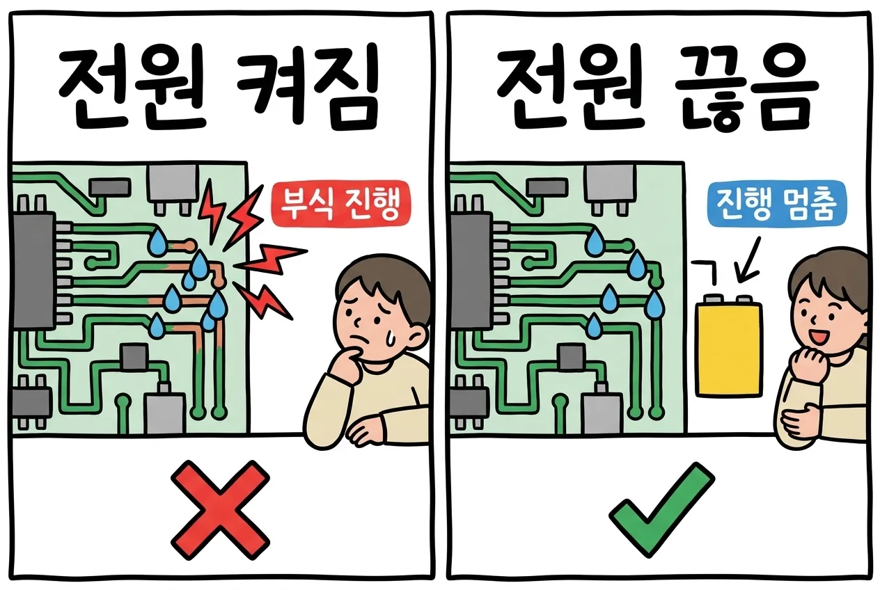 전원이 켜진 젖은 회로는 부식이 진행되고 배터리를 빼 전원을 끊으면 진행이 멈추는 원리를 좌우로 비교한 그림