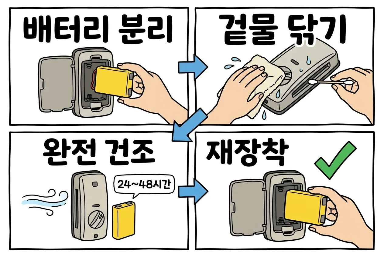 젖은 도어락을 배터리 분리, 겉물 제거, 완전 건조, 재장착 순서로 처리하는 4단계 과정