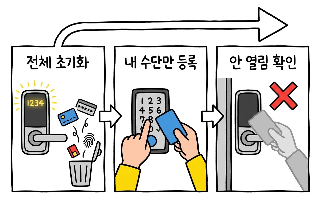 이사 입주 첫날 도어락 정리 3단계, 등록 정보 전체 초기화 다음 내 수단만 다시 등록하고 전 세입자 수단으로 안 열리는지 검증