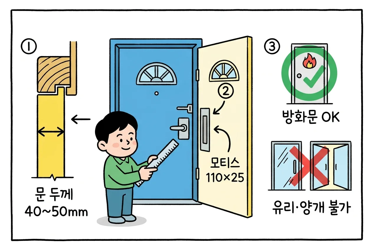 현관문 교체 전 점검할 문 두께 40~50mm, 모티스 타공 세로 110 가로 25mm, 방화문은 설치 가능하고 유리·양개형 문은 불가한 규격을 보여주는 개념도