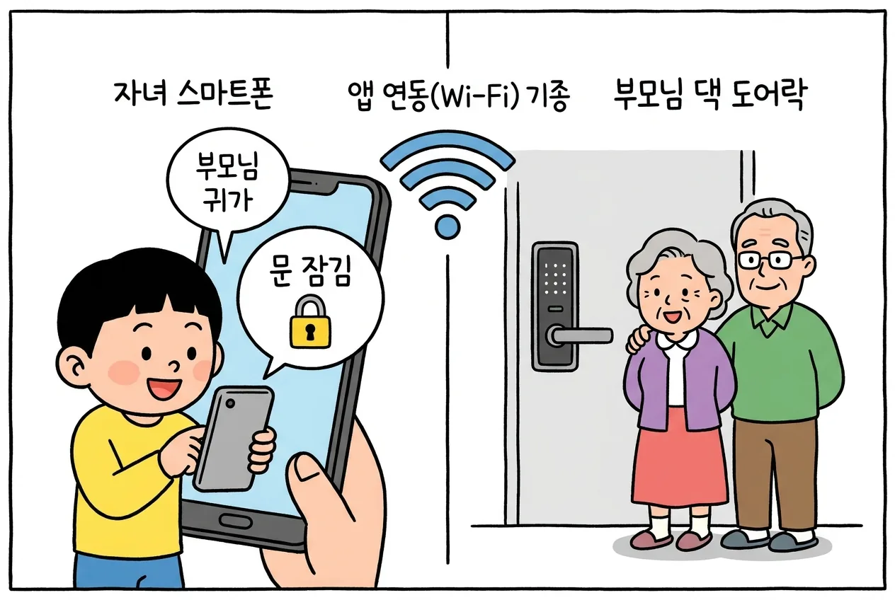 멀리 사는 자녀가 앱 연동 도어락의 출입 알림을 스마트폰으로 받고 필요할 때 원격으로 문을 열어드리며 부모님 댁을 챙기는 모습(앱 연동 Wi-Fi 기종에서만)