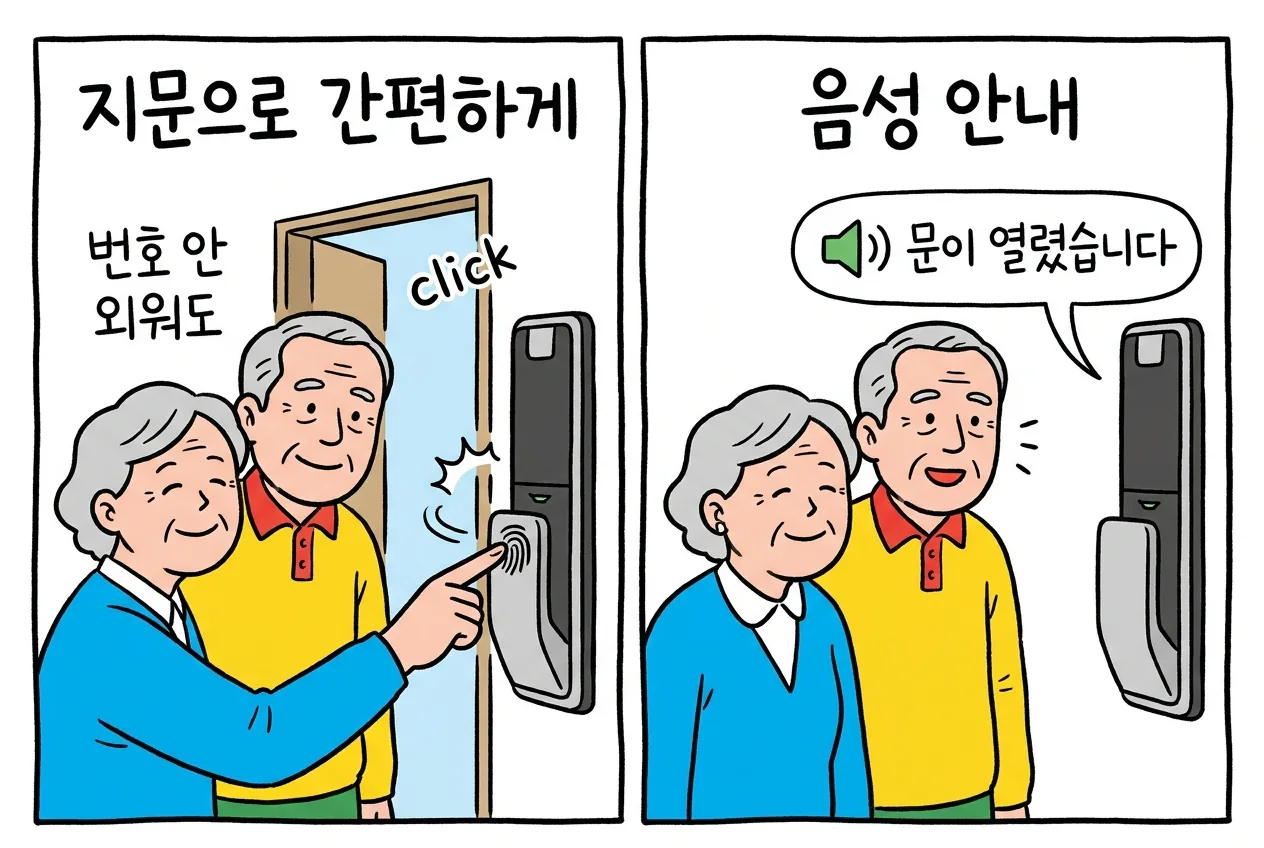 번호를 외우기 번거로우신 부모님이 지문으로 간편하게 문을 열고, 도어락이 사용법을 음성으로 안내해 주는 고령 배려 기능