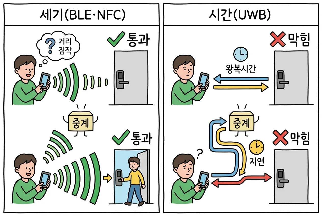 신호 세기(RSSI)로 근접을 짐작하는 BLE·NFC 방식과 비행시간(ToF)으로 실제 거리를 재는 UWB 방식이 중계 신호를 각각 통과시키고 걸러내는 과정을 대비한 개념도